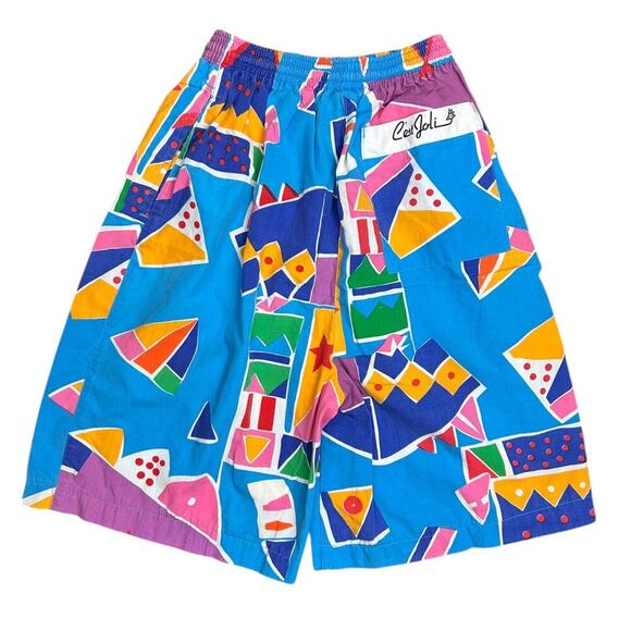 Vintage 80's Bright Funky Bold Abstract Pattern Beach Shorts Blue size Medium - Picture 3 of 5